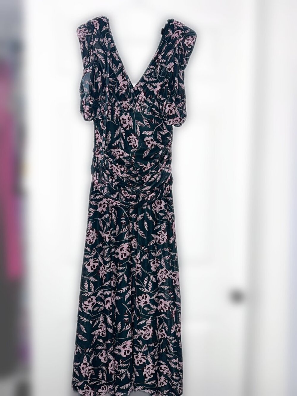 Green & Pink Floral Mesh Mid Length Dress